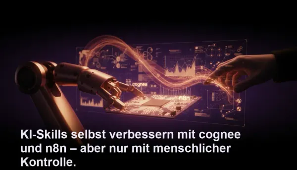 Roboterarm passt KI-Skills an, während Datenströme fließen
